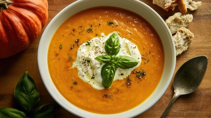 Pumpkin soup with sour cream and basil top view