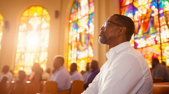 A candid shot of an African American man praying in church, surrounded by stained glass windows that illuminate serene atmosphere. His expression reflects deep contemplation and faith