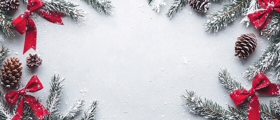 Christmas background with pine branches, red ribbons, pine cones and snow.