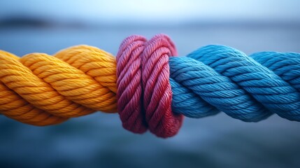 Obraz premium Three ropes, yellow, red, and blue, are tied together.