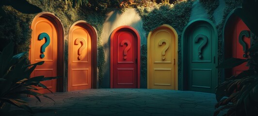 A garden with doors of different hues, adorned with intricate question marks, symbolizing the diverse paths and possibilities one can explore in life
