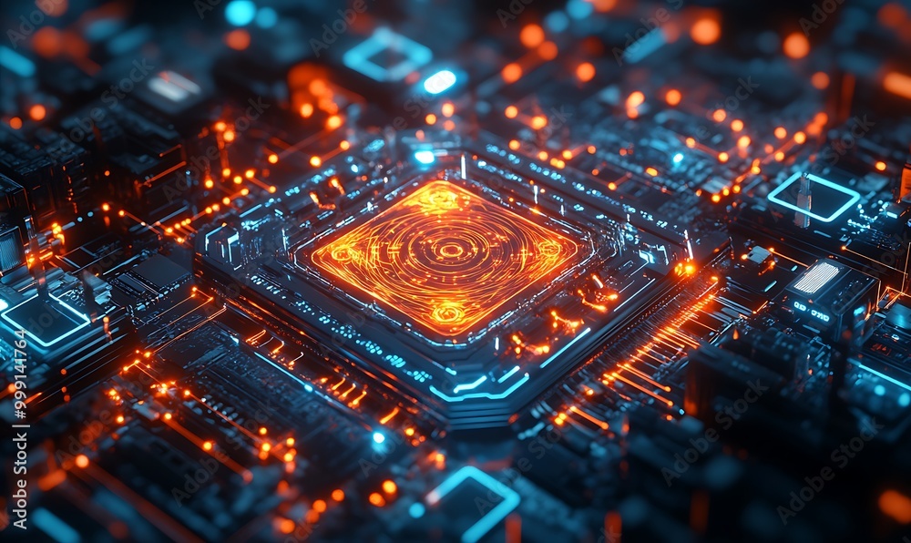Leinwandbilder Futuristic Quantum Computing Concept with Holographic Processor and Glowing Data Streams