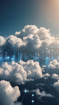 Cloud computing concept. Cloud in the center with binary code and internal connections. Digital technology background.