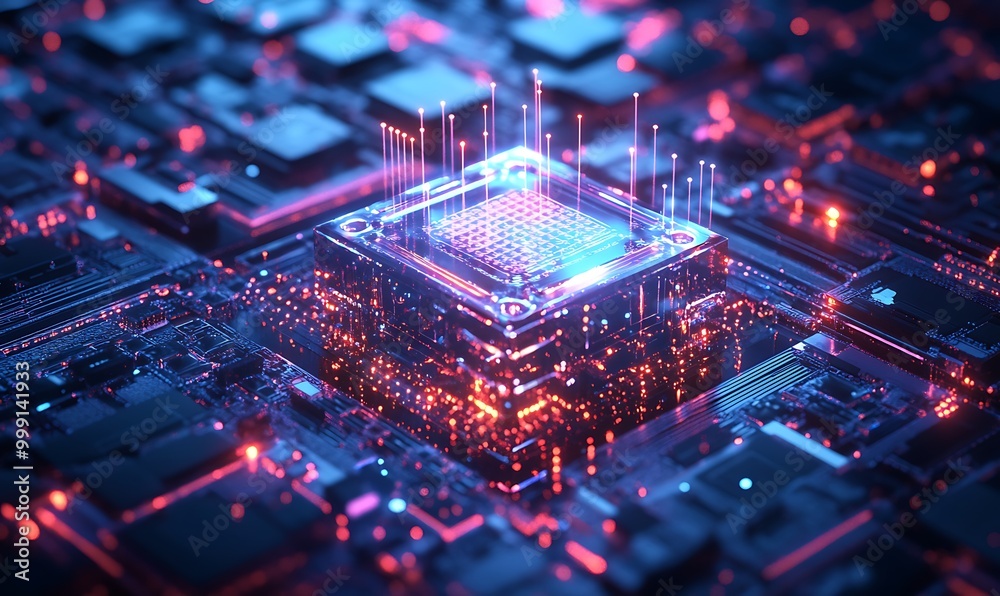 Poster Futuristic Quantum Computing Concept with Holographic Processor and Glowing Data Streams