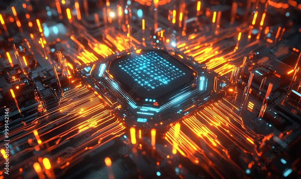 Poster Futuristic Quantum Computing Concept with Holographic Processor and Glowing Data Streams