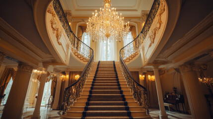 A grand staircase in a luxurious mansion, adorned with an opulent chandelier and elegant decor, showcasing intricate architectural details and a majestic ambiance.