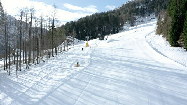 Flying towards start at empty snow-covered ski slope bordered by tall pine trees in early morning light. The untouched white landscape and clear sky highlight the tranquility of winter wonderland.