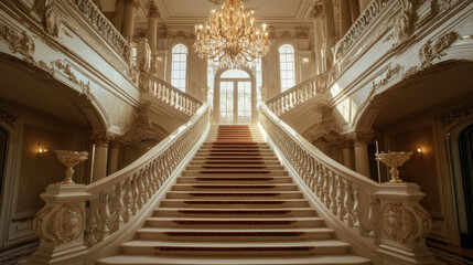 Grand staircase in an opulent, luxurious mansion featuring a magnificent chandelier and elegant architectural details.