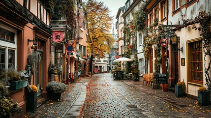 Fototapeta premium Cobblestone Street in a European City During Autumn