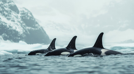 Fototapeta premium Three orcas swimming in icy waters with snow-covered mountains in the background, creating a serene and majestic arctic scene.