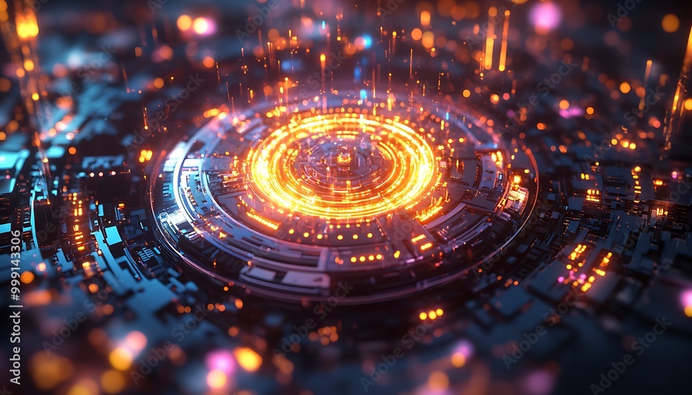 Poster Conceptual Quantum Computing Core with Interconnected Qubits and Flowing Data
