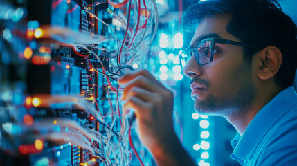 A close up shot of South Asian mans hands working on complex network setup, showcasing his focus and technical skills in vibrant, illuminated environment