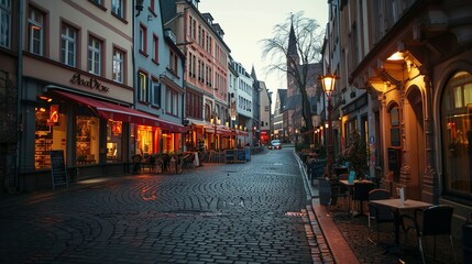 Fototapeta premium Cobblestone Street in European City with Illuminated Shops and Restaurants at Dusk