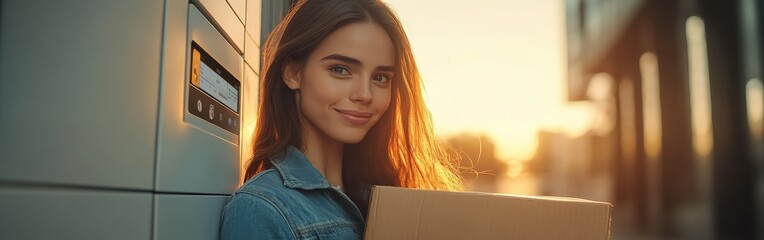 Woman Using an Automated Parcel Locker for Convenient Package Collection