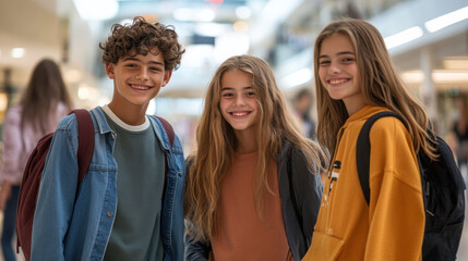 Three happy teenagers with backpacks smiling together in a brightly lit shopping mall.