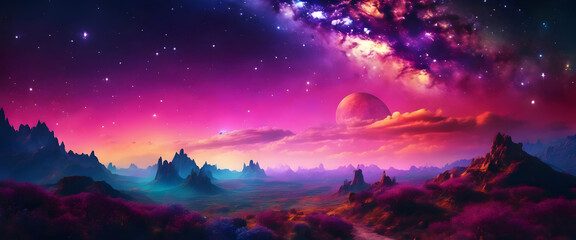 Fototapeta premium Fantasy Landscape with Mountains and Starry Sky