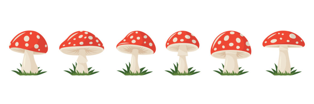 Vector Colorful Flat Fly Agaric Illustration Set. Red Caps with White Spots. Mushroom Icons for Nature, Forest, Fly Agaric Designs. Vector Mushroom Illustration Collection. Fly Agaric Art