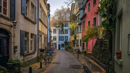 Obraz premium Narrow cobblestone street lined with colorful buildings in Europe.
