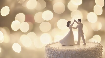 The bride and groom figurines joyfully dance together on a wedding cake, surrounded by enchanting, soft bokeh lights