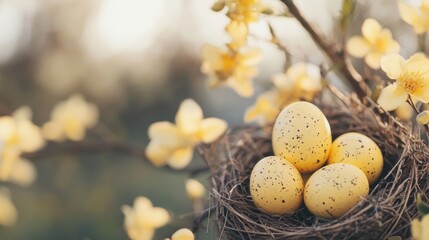 Fototapeta premium Colorful Easter eggs rest peacefully in a natural nest surrounded by soft, blooming flowers, capturing the spirit of spring