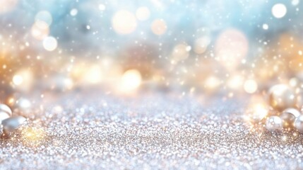 A captivating display of sparkling silver glitter glimmers amidst a gentle blur of soft, warm light, creating an enchanting atmosphere