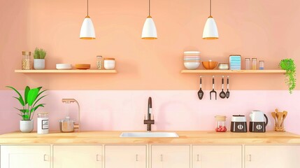 Fototapeta premium Minimalist Kitchen Interior with Pink and Orange Walls and Wood Accents