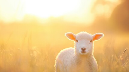 A fluffy lamb stands peacefully in a sunlit field, surrounded by soft grass as golden light illuminates its gentle features