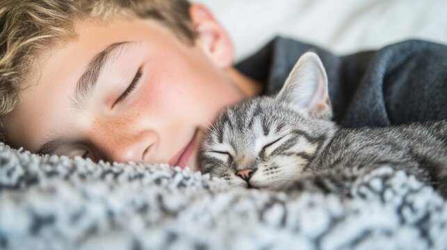 A young man peacefully cuddles with his grey kitten, both enjoying a quiet moment of relaxation on a plush blanket