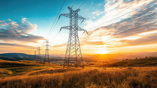 A scenic view of powerlines extending across a golden landscape at sunset, capturing the beauty of nature and technology intertwined.