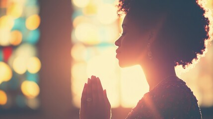 A woman with curly hair offers devoted prayer, her hands clasped, as soft light highlights the peaceful atmosphere around her