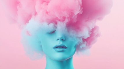 Fototapeta premium A young woman stands with eyes closed, enveloped in swirling pink and blue smoke that contrasts against a soft background
