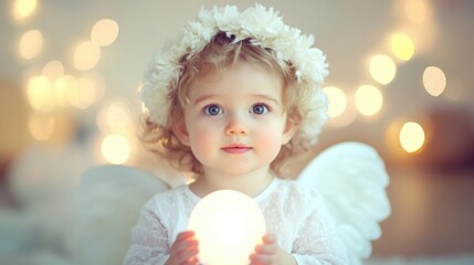 Fototapeta premium A charming child in angel attire holds a gentle light, captivating the atmosphere with innocence while soft lights twinkle in the background