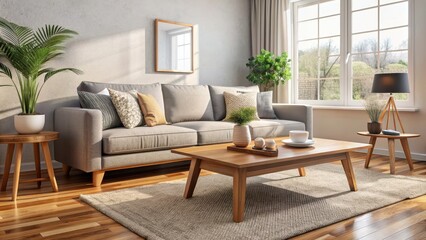 Fototapeta premium Cozy living room with comfortable sofa, wooden coffee table, and soft rug, cozy, living room, sofa, coffee table