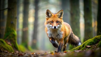 Fototapeta premium Wild fox with fiery fur running through forest, fox, fire, flames, wilderness, animal, nature, vibrant, red, orange, wildlife