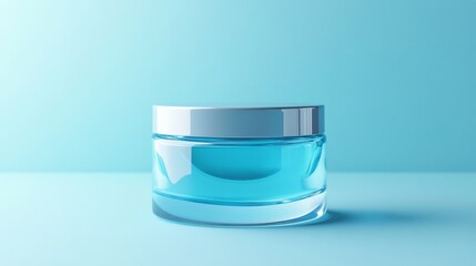 A realistic 3d representation of a hydrating gel in a clear jar, showcasing its smooth texture and vibrant color. The jar is isolated against a minimalist backdrop
