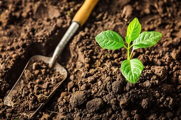 Garden shovel in the ground. Selective focus