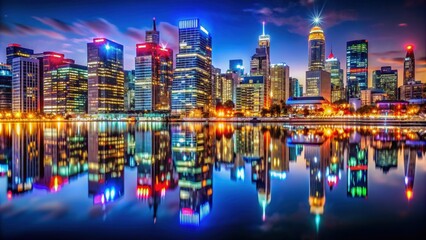 Vibrant cityscape at night with glowing lights and reflections on buildings, city, night, urban, skyline