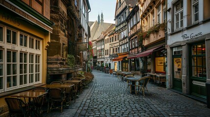 Cobblestone Street in a European City with Shops and Tables
