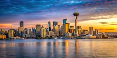 Seattle waterfront skyline and the Puget Sound at sunset, Seattle, waterfront, skyline, Puget Sound, sunset, evening