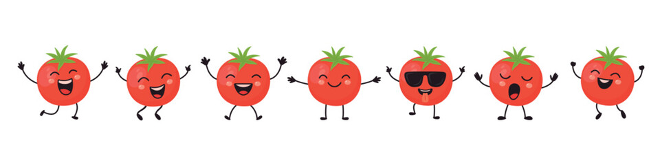Flat Vector Cartoon Cute and Funny Tomato Character. Dancing, Smiling, Happy, Singing Tomato with Different Faces and Emotions. Tomato Icon, Logo, Vector Illustration in Kawaii Style