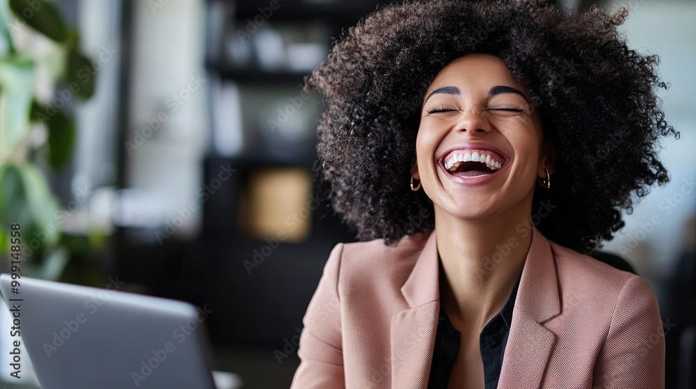 Wall mural Joyful Woman in Office Setting with Laptop