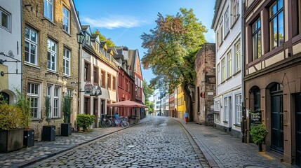 Obraz premium Cobblestone Street in a European Town with Historic Buildings