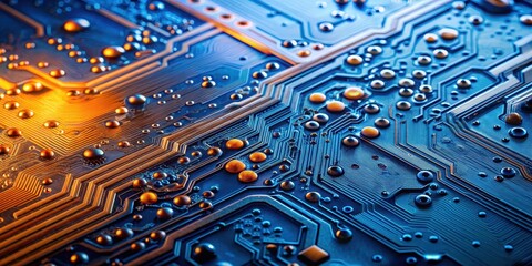 Close-up of a sleek, blue circuit board with orange highlights and water droplets , technology, electronics, circuitry, innovation