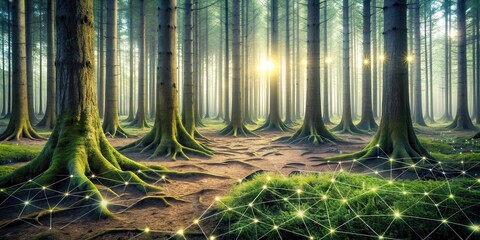 of a vast network of mycelium connecting trees in a forest, mycelium, network, trees, ecosystem, underground