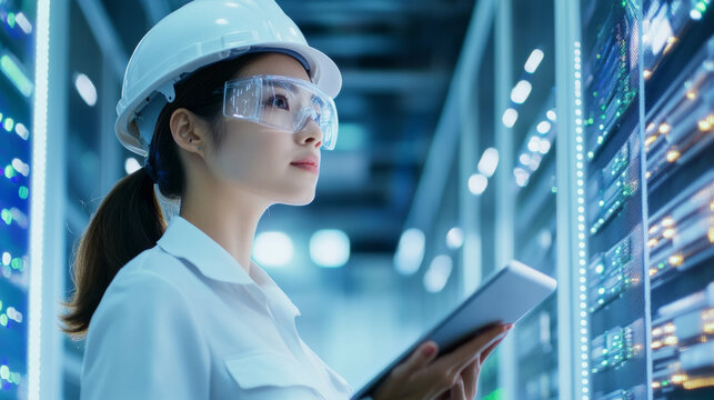 A focused Asian woman in server room meticulously monitors data on tablet, showcasing her dedication and expertise in technology