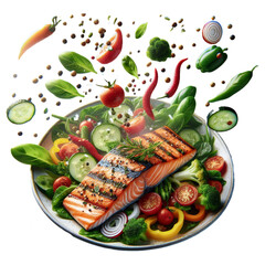 Grilled Salmon Floating on Fresh Vegetables - Gourmet Dish Isolated On Transparency Background PNG