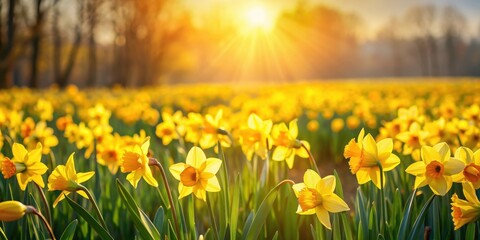 Fototapeta premium Wild yellow daffodils blooming in a sunlit field, spring, flowers, nature, meadow, petals, vibrant, sunny, floral, outdoors