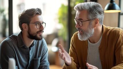 Engaging Conversation Between Two Men in a Stylish Cafe
