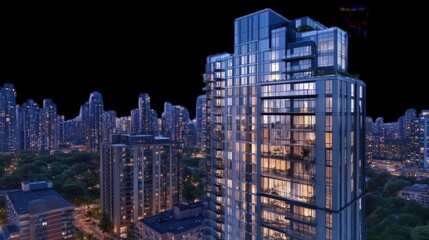 Obraz premium Modern skyscraper illuminated at night in a city skyline