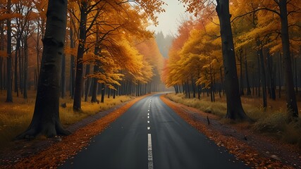 Panoramic autumn landscape with forest road. Fall nature background Generative AI